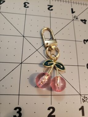 Gold Cherry Keychain Charm with Pink Beads